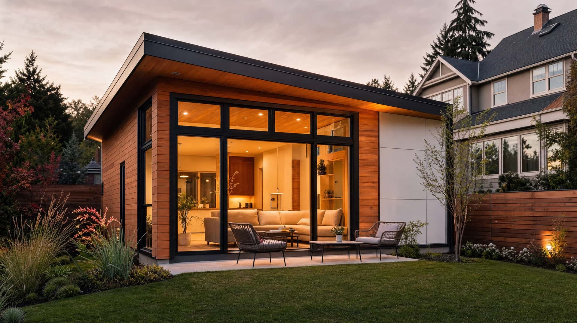 A cedar backyard home (ADU) across the lawn from the main house, built by Expand