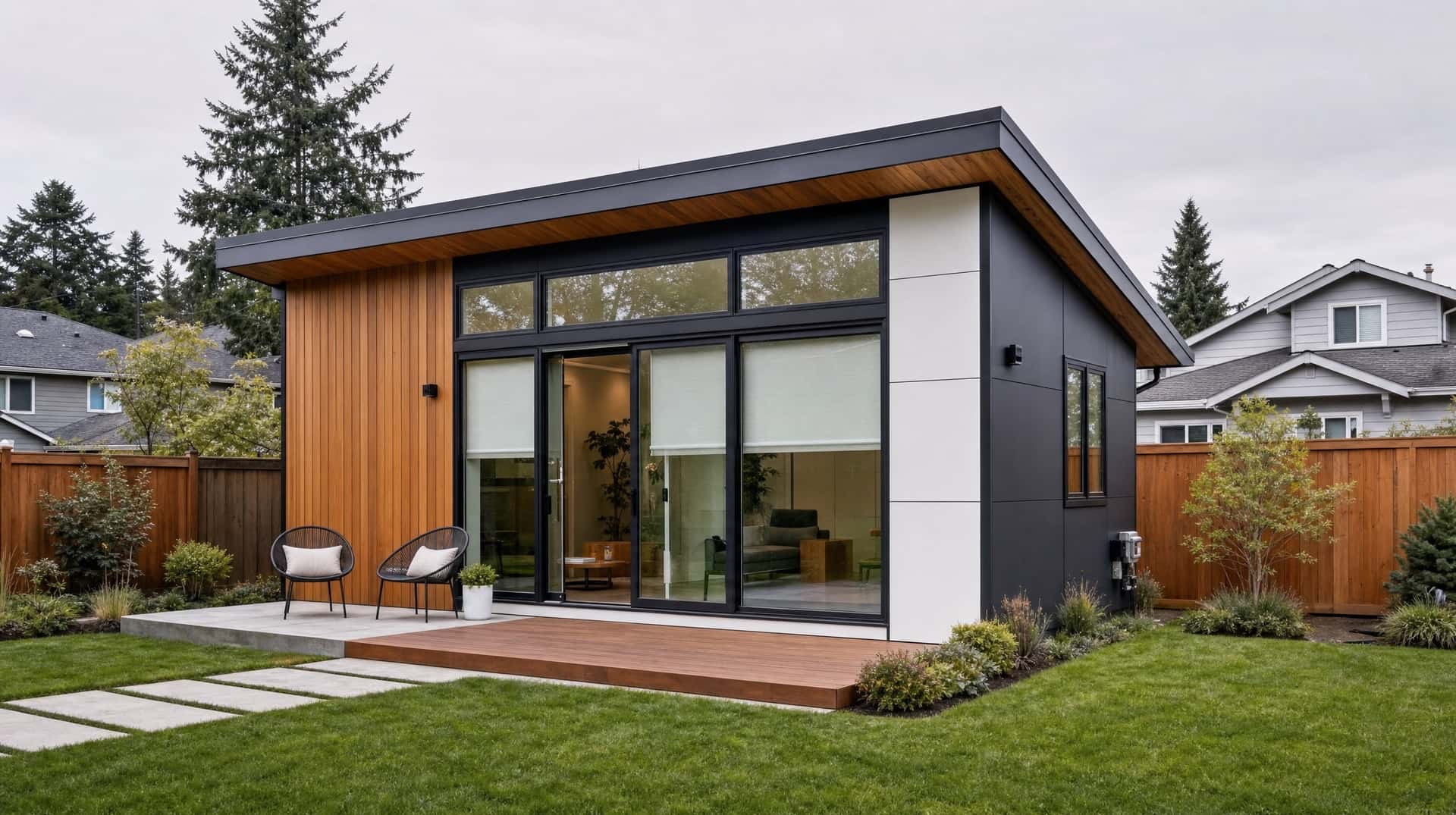A premium custom backyard home (ADU) on a bright day in a lush backyard near Lake Washington, built by Expand